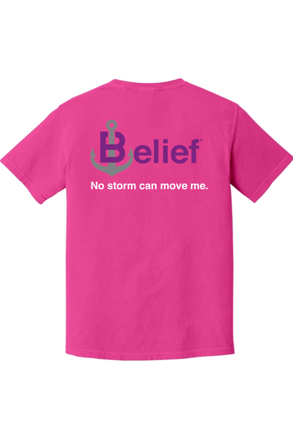 CliftonStrengths t-shirt with Belief on the Back in Neon Pink color