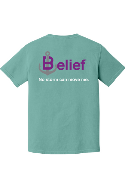 CliftonStrengths t-shirt with Belief on the Back in Seafoam color